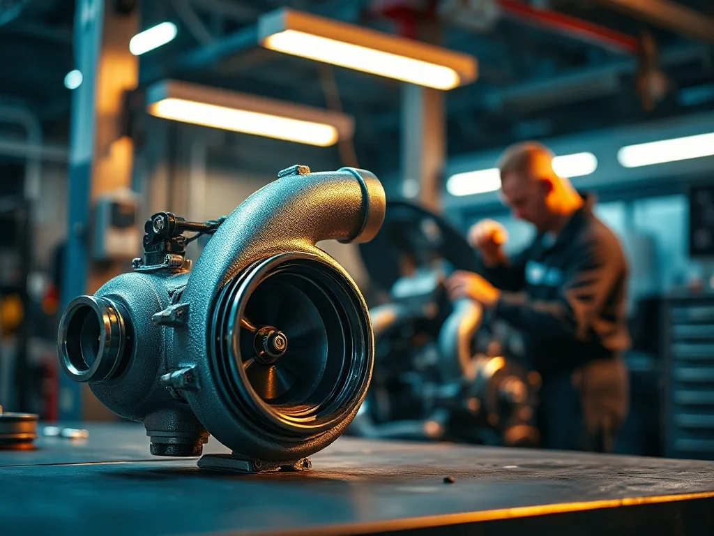 Zbliżenie na precyzyjny mechanizm turbosprężarki samochodowej w profesjonalnym warsztacie.