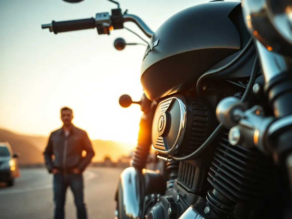 Zbliżenie na chromowany silnik motocykla Sportster 883 z motocyklistą w tle na tle górskiego krajobrazu o zachodzie słońca.