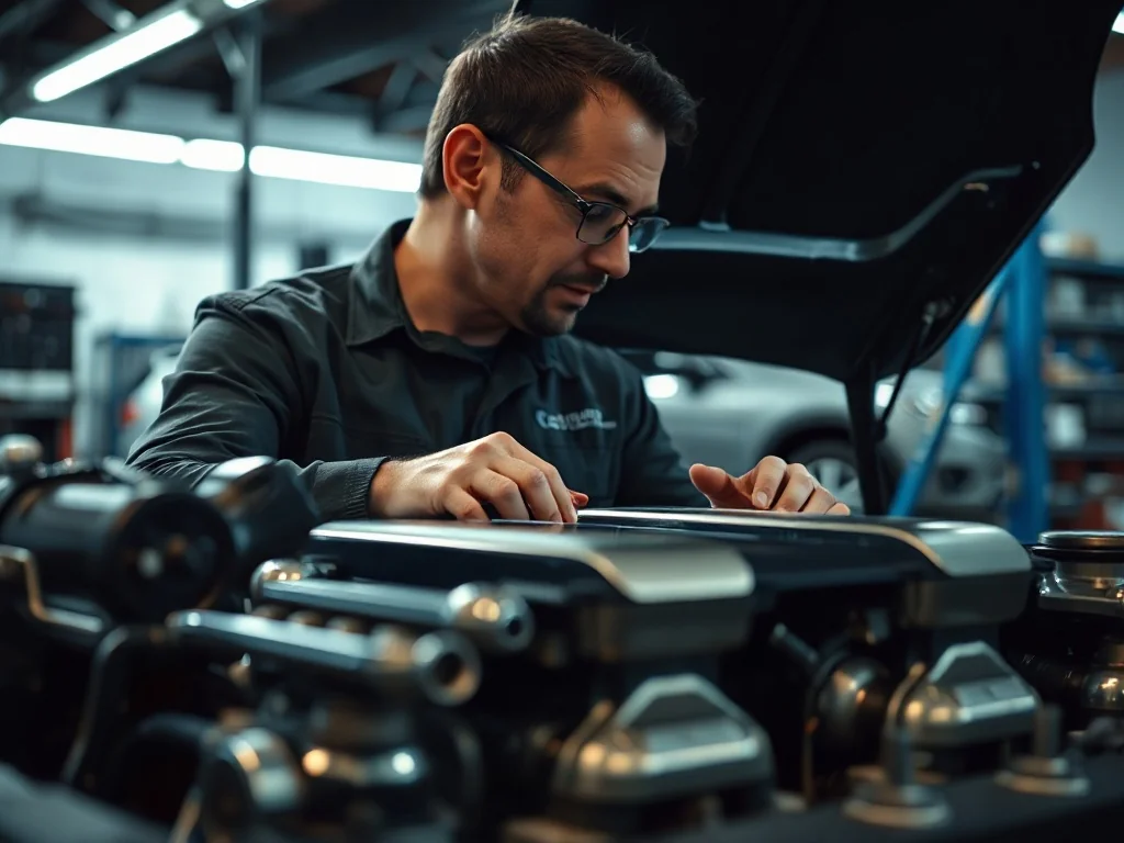 Mechanik pracujący przy otwartej komorze silnika w profesjonalnym warsztacie samochodowym.