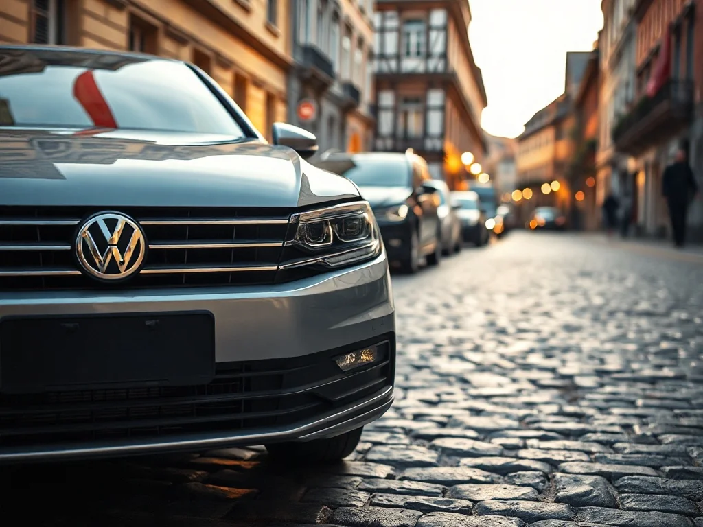 Zadbany srebrny Volkswagen Passat zaparkowany na brukowanej ulicy w historycznym centrum europejskiego miasta.