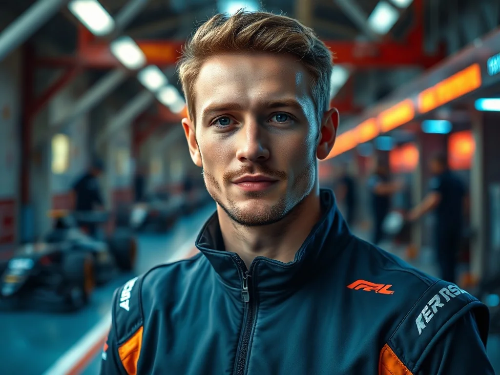 Portret kierowcy wyścigowego Oscara Piastriego w stroju zespołu na tle alei serwisowej Formuły 1.