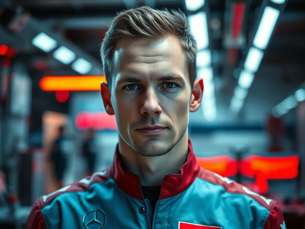 Charles Leclerc w profesjonalnym stroju wyścigowym, stojący w nowoczesnym garażu Formuły 1.